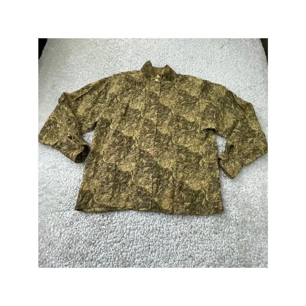 St. John Silk Button Front Mock Neck Gold Button Blouse Yellow Womens 8